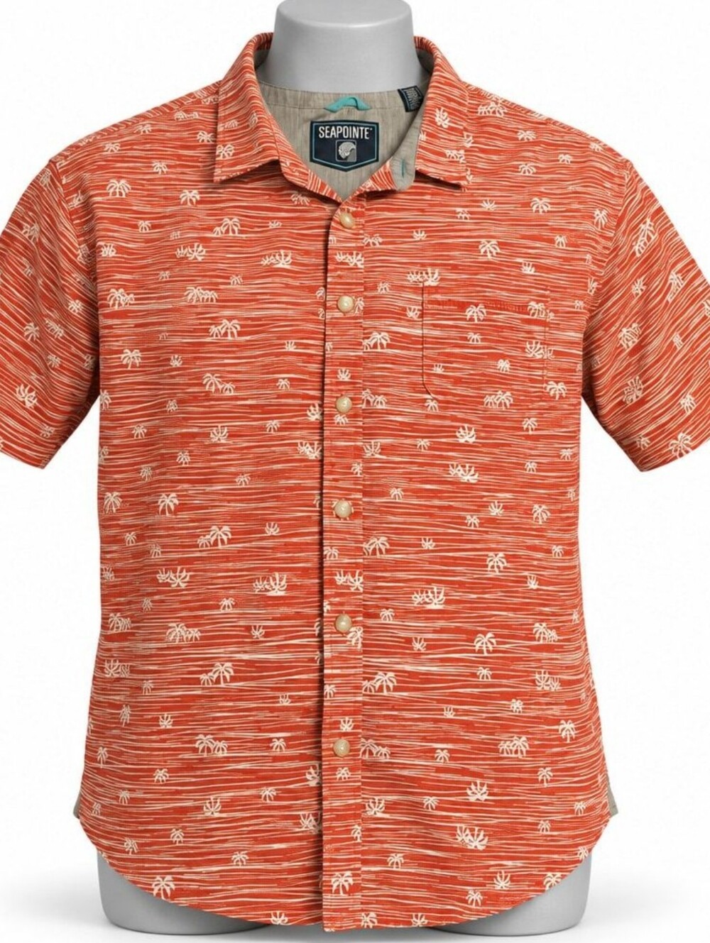 Seapointe Men's XL Orange/White Palm Tree Woven Collared SS Button-Up Shirt